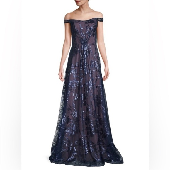 RENE RUIZ COLLECTION Navy Floral Sequin Fit-&-Flare Gown Off Shoulder Strapless - Picture 1 of 10
